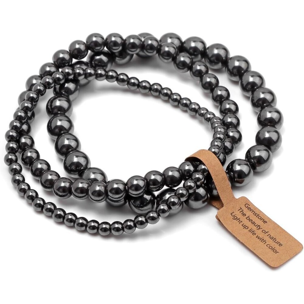 3PCS Hematite Healing Crystal Natural Stone Beaded Stretch Bracelet for Women
